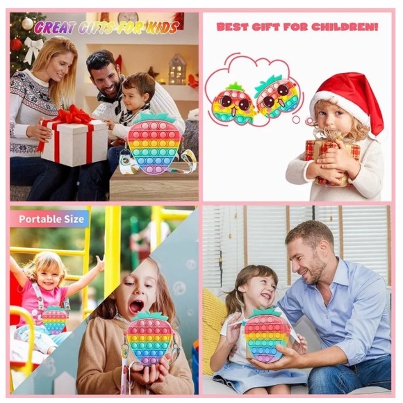 Silicone Rainbow Strawberry Fruit Popper Pop It Fidget Crossbody Bag Purse - Picture 8 of 15